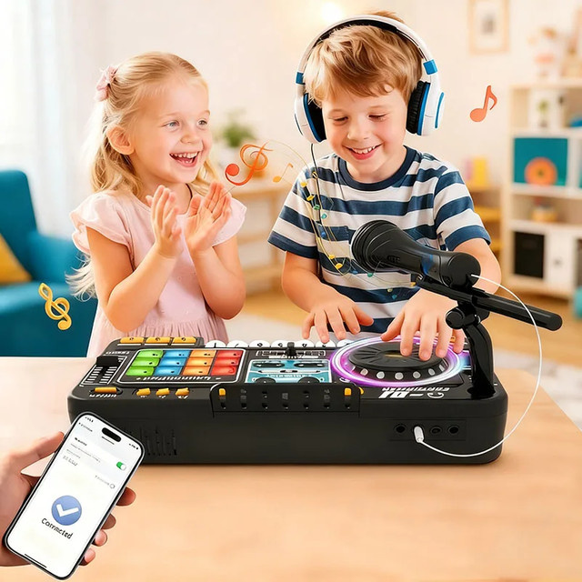 CONUSEA Kid DJ Mixer mit Mikrofon, Elektronische Klavier Tastatur, Bluetooth DJ Plattenspieler Konsole - Bild 1