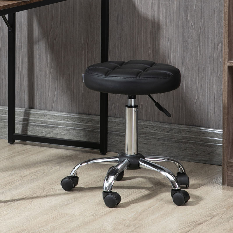 HOMCOM Rollhocker Schwarz mit Kunstleder und Steppmuster, Höhenverstellbarer Drehbarer Arbeitshocker für Büro & Salon, Durchmesser: 35,5 cm, Höhe: 51-67 cm - Bild 2