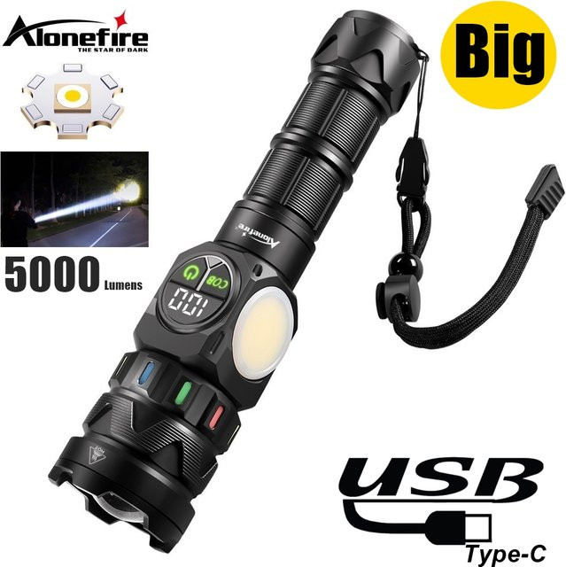 Alonefire LED Hochleistungs-Taschenlampe mit 5000 Lumen, USB wiederaufladbar, Schwarz, Aluminium - Bild 1