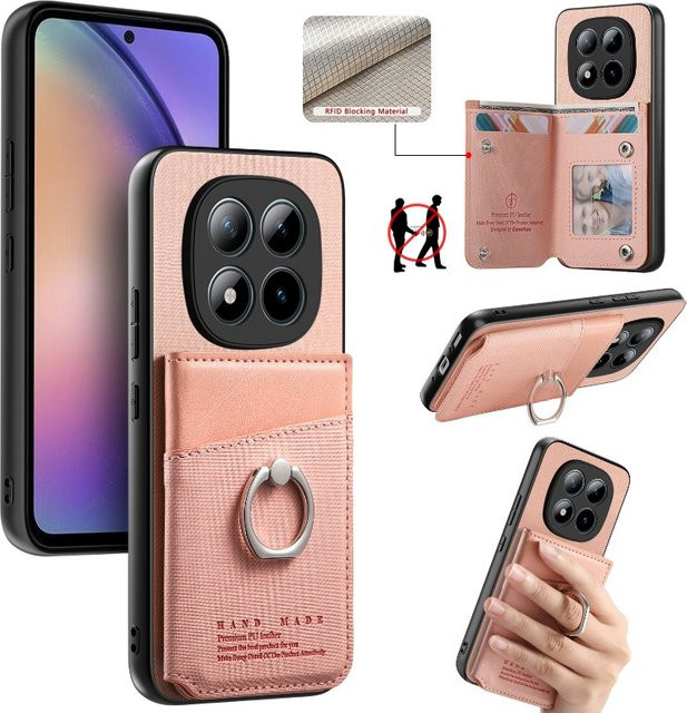 ESACAPA Flip-Wallet Leder-Hülle mit Kartenfach und Ringhalter für POCO M8 Pro 5G, Redmi Note 15, 15 Pro und 15 Plus, Magnetisch und Stoßfest, Farben: Braun oder Pink - Bild 1