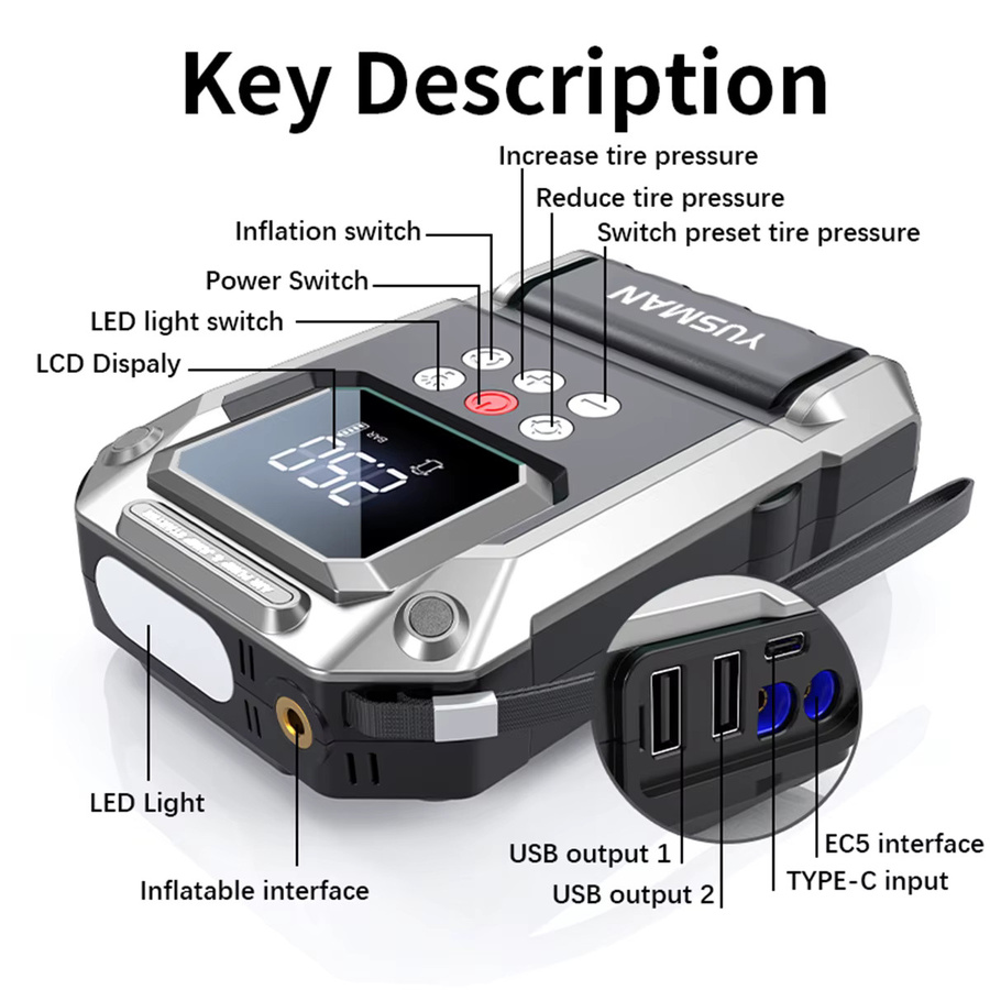 YUSMAN 4-in-1 Notfallstarter in Schwarz mit 26800mAh, 5000A Spitzenstrom, 150PSI Luftkompressor und Powerbank für 12V-Fahrzeuge - Bild 6