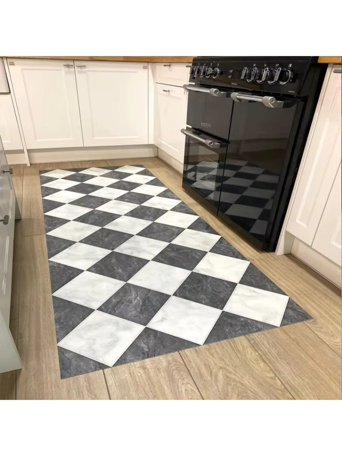 Läuferteppich aus Vinyl im Schachbrett-Design mit schwarz-weißem Marmorfliesen-Muster für Küche, Flur und Esszimmer - Bild 2