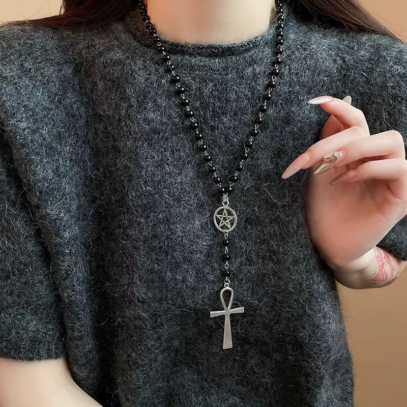 imixlot Rosenkranz-Halskette, Ankh und Pentagramm, schwarze Perlen, Damen - Bild 5