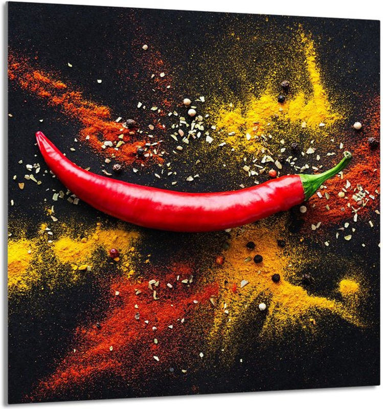 Modernes Küchenrückwand-Glaspaneel mit abstraktem Chili-Motiv, mehrfarbig, B: 60 cm, H: 65 cm - Bild 1