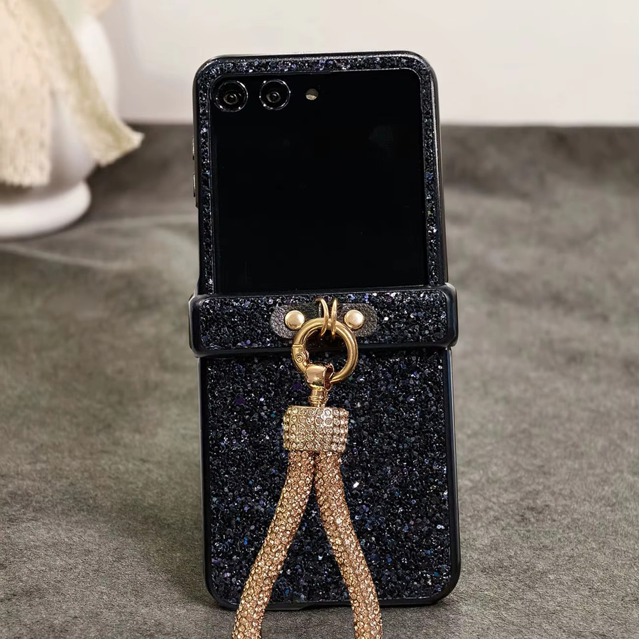 Glänzende Kunstdiamant-Strass-Schutzhülle mit Schlüsselband für Motorola Moto Razr 50 60 70 Ultra, Schwarz, 3-teiliges Set - Bild 3