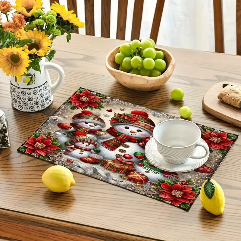 VIKAMA 4-teiliges wasserdichtes Weihnachts-Tischset mit Weihnachtsschneemann für Familienfeiern und Feiertage - Bild 3