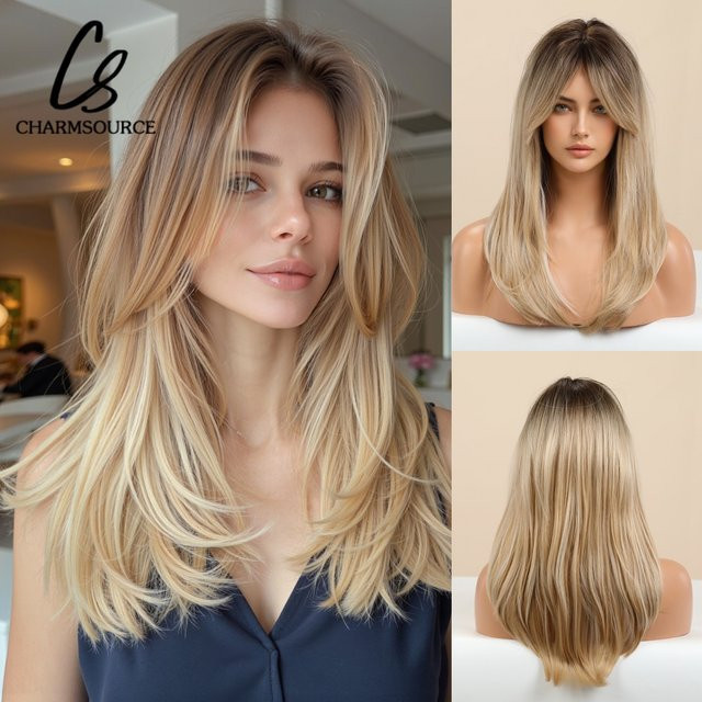 CharmSource Blonde Ombre-Synthetik-Perücke, goldbraun, lang, gerade, Damen - Bild 1