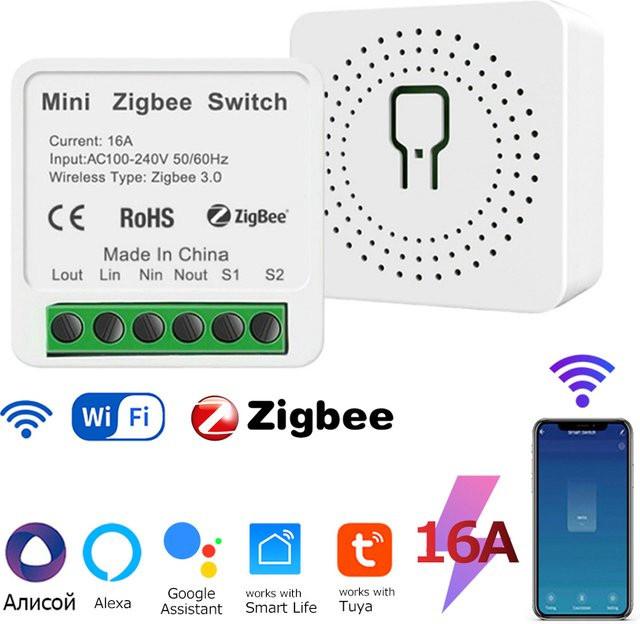 GGBEE Mini ZigBee WLAN Smart-Schalter 2-Wege-Steuerrelais in Weiß, kompatibel mit Tuya Smart Life, Amazon Alexa und Google Assistant, 100-240V 16A - Bild 1