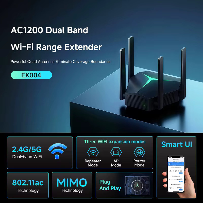 Kebidumei Dual-Band WiFi Repeater Booster 1200Mbps 2,4G/5GHz WLAN Signal Verstärker in Schwarz - Bild 2