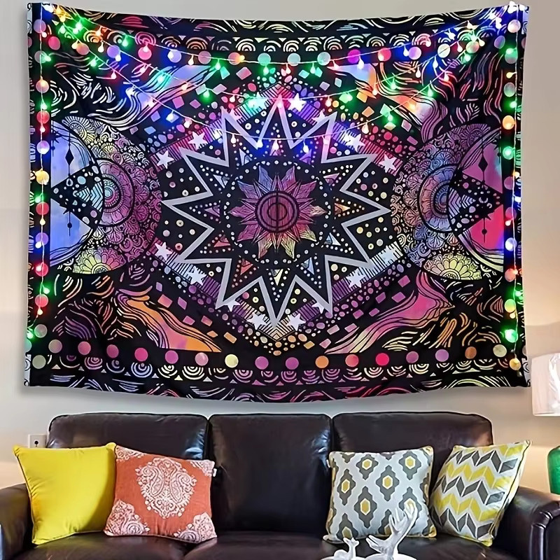 VIKAMA Wandteppich mit geometrischem Sonnen- und Mandala-Design in Multicolour, Boho Ethnische Wanddekoration aus Polyester, Breite: 60 cm, Höhe: 40 cm - Bild 1