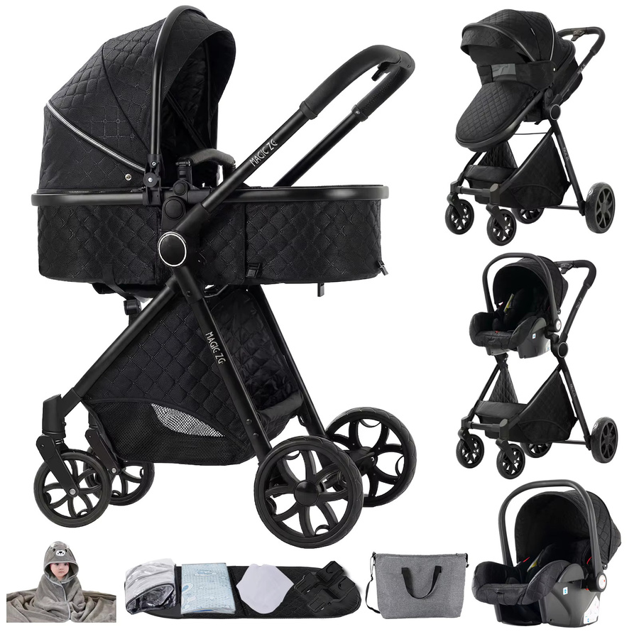 Magic ZC 3-in-1 Luxus-Kinderwagen-Kombination mit Wiege, Autositz und Schlafkorb, Schwarz, faltbar und bidirektional mit Schiebesystem - Bild 7