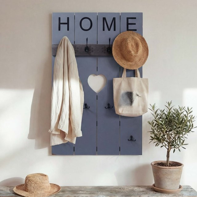 Wandgarderobe MCW C89 Home aus Paulowniaholz im Shabby-Look Vintage mit 8 Haken, grau-blau, B: 91 cm, H: 60 cm - Bild 1