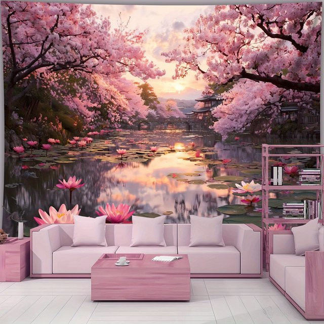 VIKAMA Wandteppich mit japanischem Kirschblüten-Design in floraler Landschaft für dein Zuhause - Bild 1