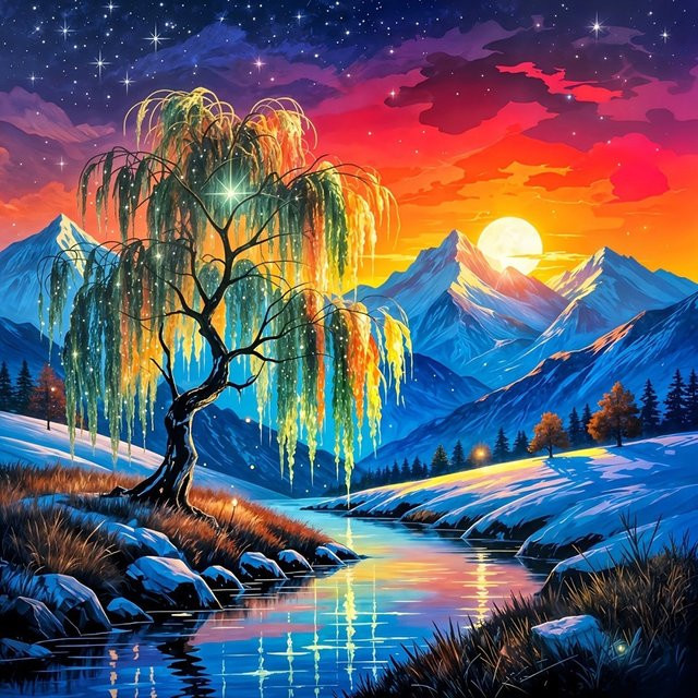EverShine 5D Diamantmalerei DIY Mosaik-Set Landschaft mit Baum Weide Berg und Fluss in Multicolor - Bild 1