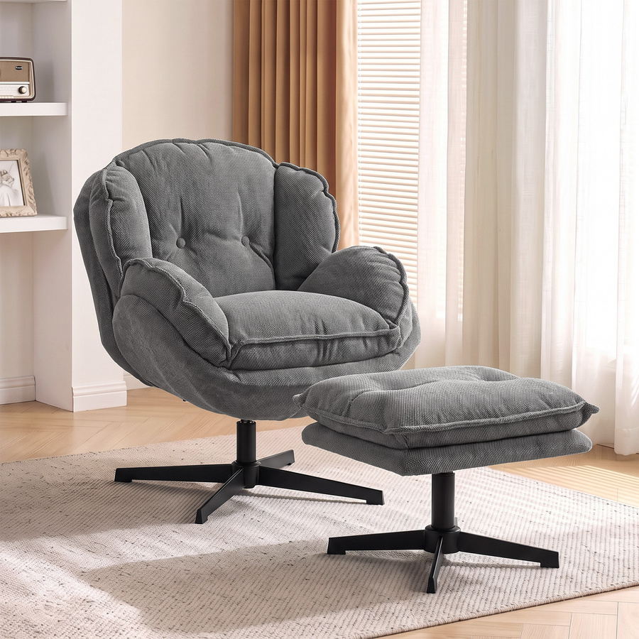 HOMCOM Relaxsessel mit Hocker in Grau, drehbarer Loungesessel mit Wippfunktion und Chenille-Optik, moderner Polstersessel mit Stahlgestell für das Wohnzimmer - Bild 2