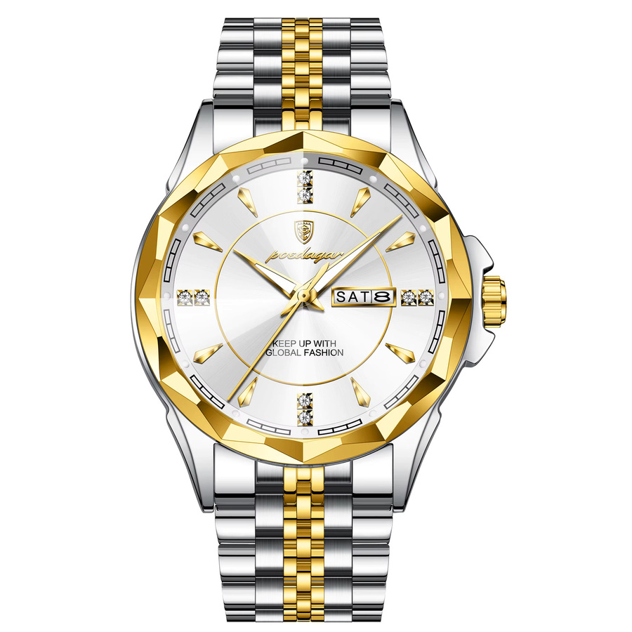 POEDAGAR Herren-Armbanduhr Edelstahl, Quarz, Gold, Datum, Wochentag - Bild 7