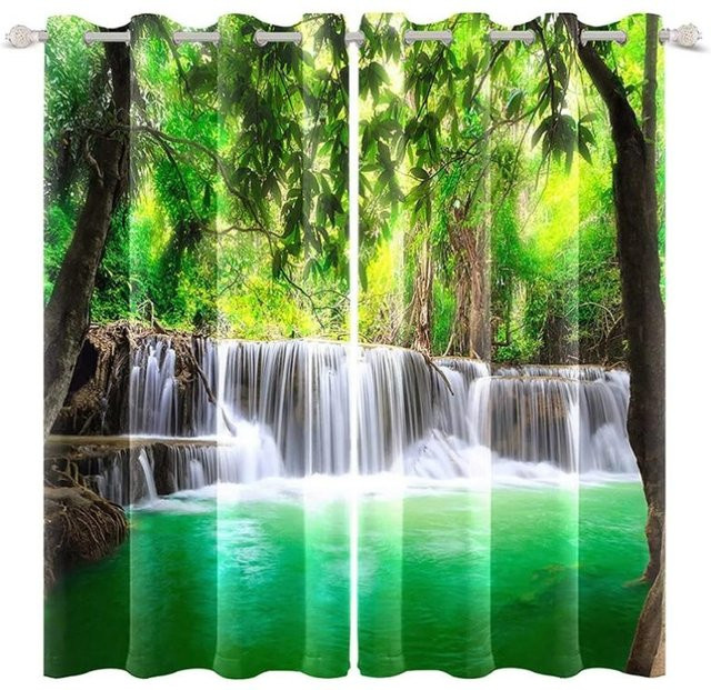 Verdunkelungsvorhang Waldwasserfall mit Naturmotiv in Grün, B: 55 cm, H: 120 cm - Bild 1