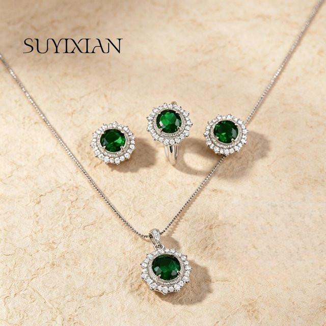 suyixian Schmuck-Set, 925 Silber, Smaragd, Unisex - Bild 1