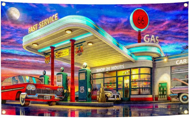 Historische West-US-Route 66 Flagge Wandteppich von JMG Household Supplies, Digitaldruck Banner aus Polyester für Garage und Außen Dekoration, Mehrfarbig, B/H: 90 x 150 cm - Bild 1