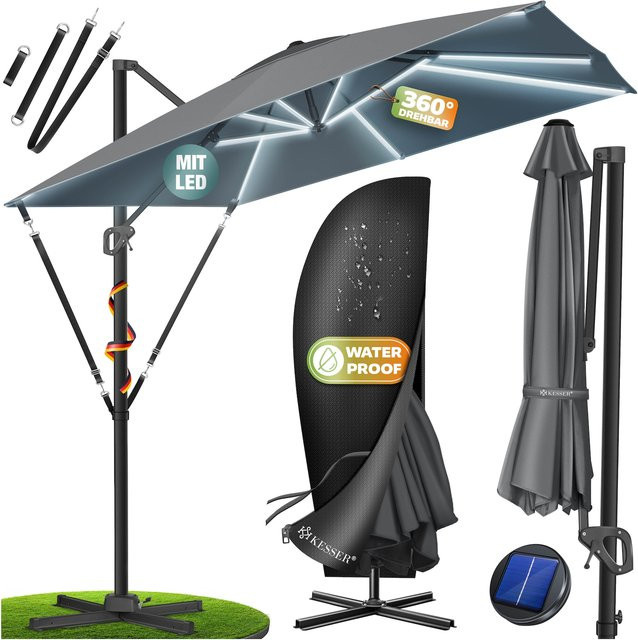 KESSER Ampelschirm SUN XL Anthrazit mit Abdeckung und Windsicherung, B/T/H: 300 x 300 x 300 cm, drehbar, neigbar und kippbar mit 360 Grad Rotation und UV50+ Sonnenschutz - Bild 1