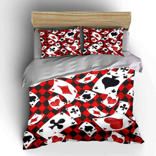 Dreiteiliges Bettwäscheset mit Spielkarten-Motiv in Rot, Microfaser, Twin Größe B: 173 cm x L: 218 cm - Bild 1