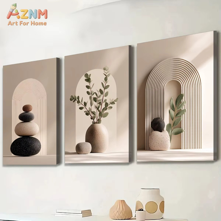AZNM Boho Wandkunst Leinwanddruck mit Eukalyptus und Steinstapel in Beige, minimalistische botanische Wabi-Sabi Ästhetik - Bild 3