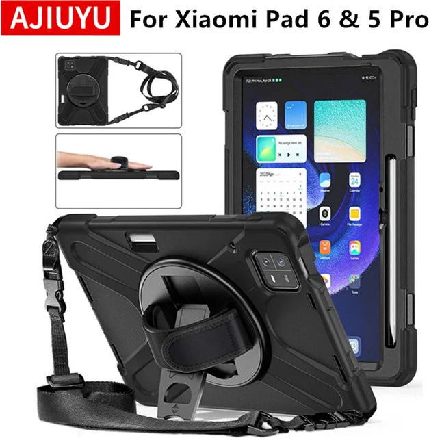 Stoßfeste Kinder-Schutzhülle für Xiaomi Pad 6 5 Pro mit Ständer und Schultergurt, Schwarz - Bild 1