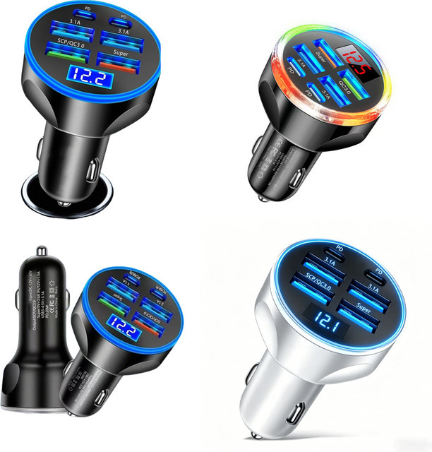 UYUXIO USB-C Auto-Ladegerät mit Voltmeter und Multi-Port Schnellladegerät in Schwarz - Bild 1