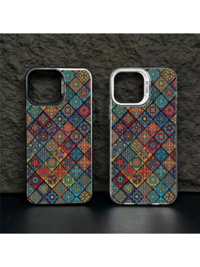 iPhone Hülle mit Blumen Kariertes Muster und galvanisiertem Schalendesign in Schwarz für iPhone 11 bis iPhone 17 Pro Max - Bild 4