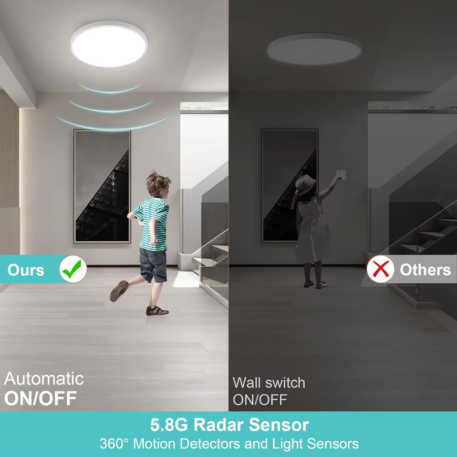 10 Stück Oraymin LED-Deckenleuchten in Weiß, 18 W, 1800 lm, 4000 K, rund, Durchmesser: 22 cm, mit Radar-Bewegungsmelder und Fernbedienung, IP54, modern - Bild 4