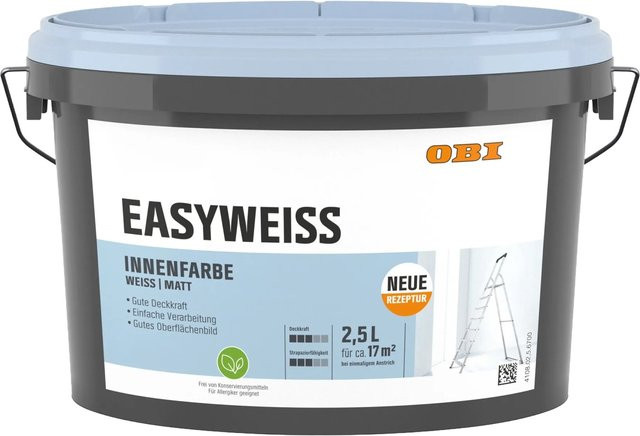 OBI Wandfarbe Easyweiss Weiß Matt Dispersion wasserbasiert 2,5 l - Bild 1