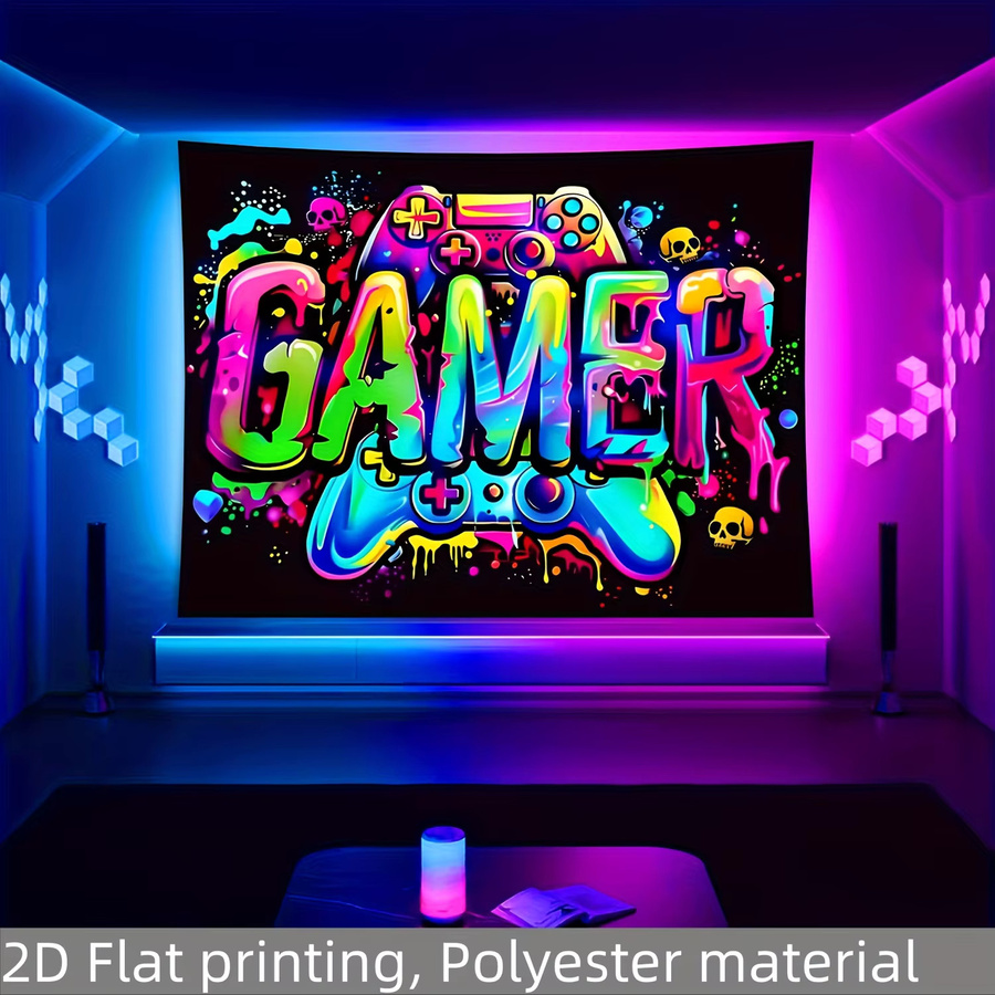 VIKAMA Wandteppich mit fluoreszierendem Gaming-Controller in Multicolour, moderner Textil-Wandbehang für Wohnzimmer, Schlafzimmer oder Büro, B/H: 75 x 58 cm - Bild 2