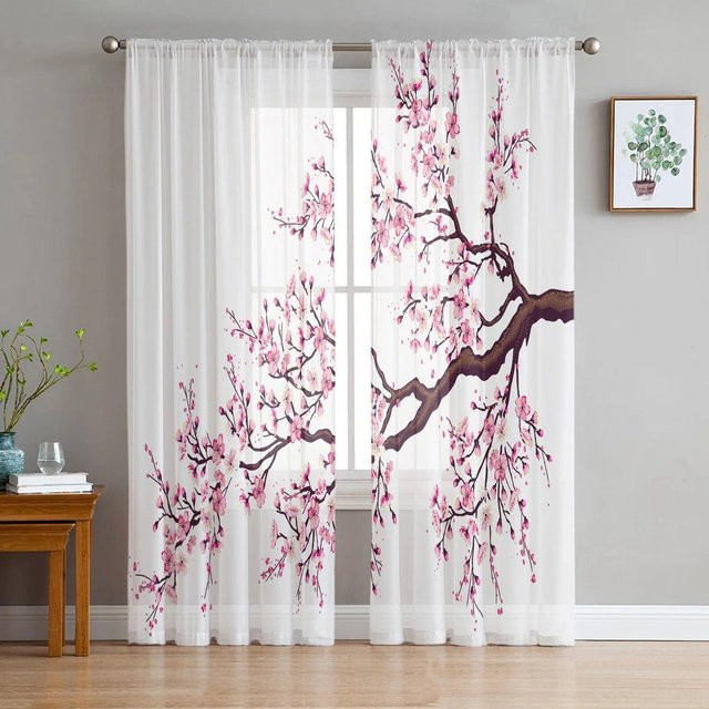 A Family Of Home Textiles Transparenter Tüll-Voile-Vorhang mit rosa Kirschblüten-Blumenmuster in Pink und Weiß, Breite: 135 cm, Höhe: 183 cm - Bild 1