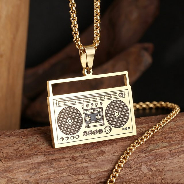 SMALING Anhänger-Halskette, Retro-Radio, Edelstahl, Gold, Unisex - Bild 1