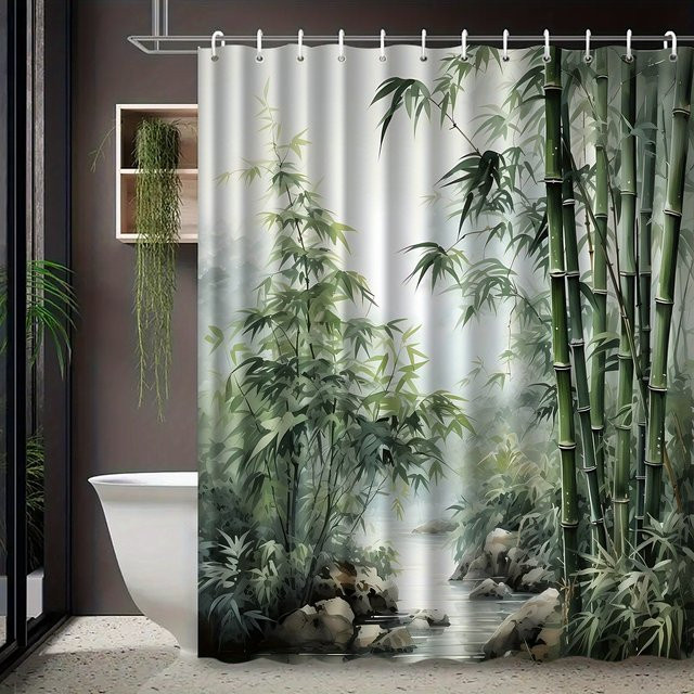 VIKAMA Duschvorhang mit Zen Bamboo Grove Landscape Print, wasserdicht und schimmelresistent, Mehrfarbig, B/H: 180 x 180 cm - Bild 1