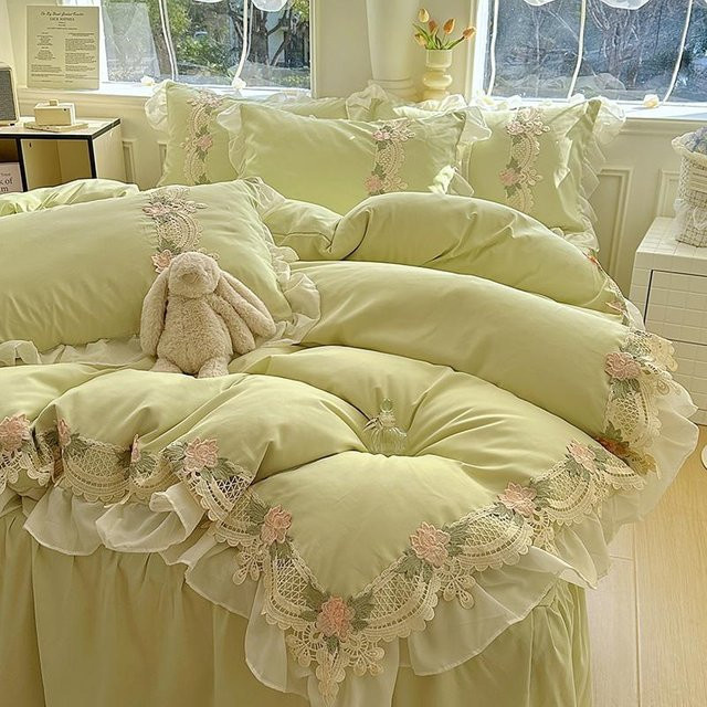 Bin Chi Textiles Bettwäscheset Prinzessinnenstil mit Rüschenspitze und Schleifen, 4-teilig, Floral, Grün, Breite: 150 cm, Länge: 200 cm - Bild 1