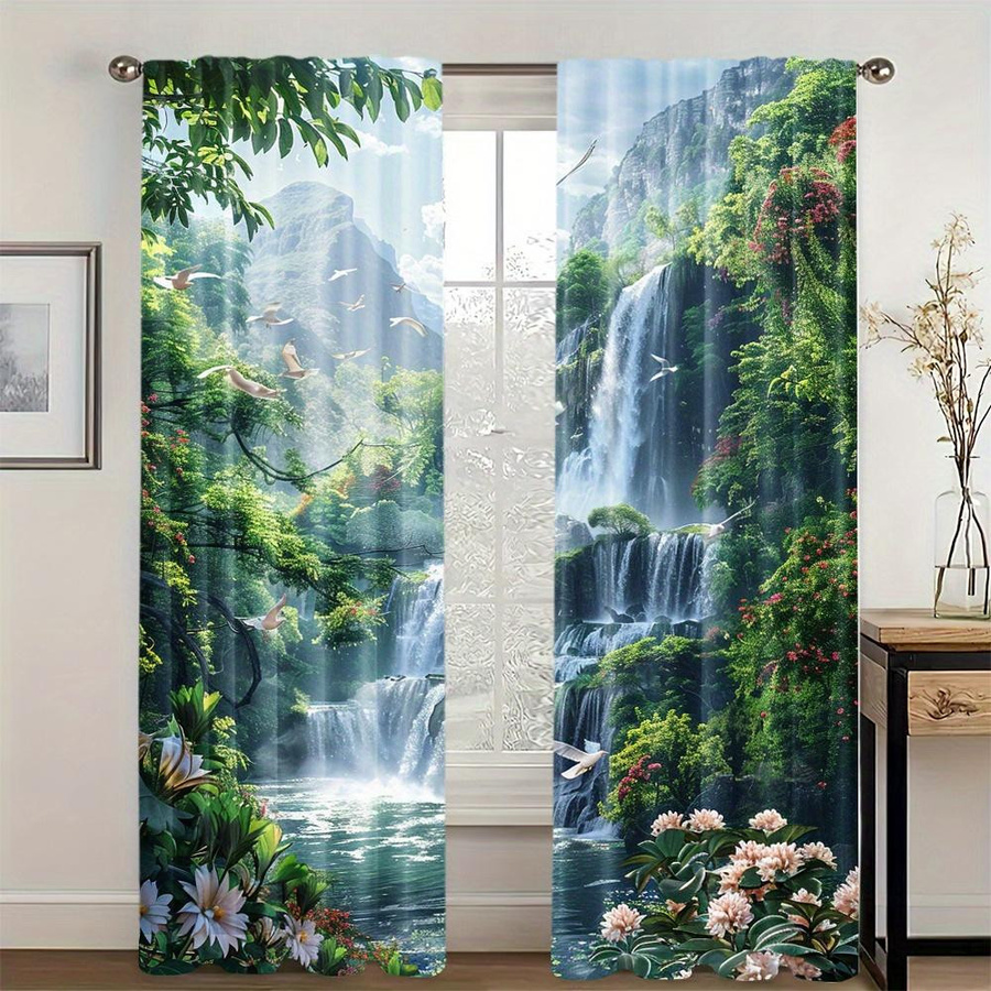 2er-Set Vorhänge mit Wald-Wasserfall-Landschaft von Yiran Furniture, halbtransparent, Polyester, Mehrfarbig, Breite: 100 cm, Höhe: 130 cm - Bild 2