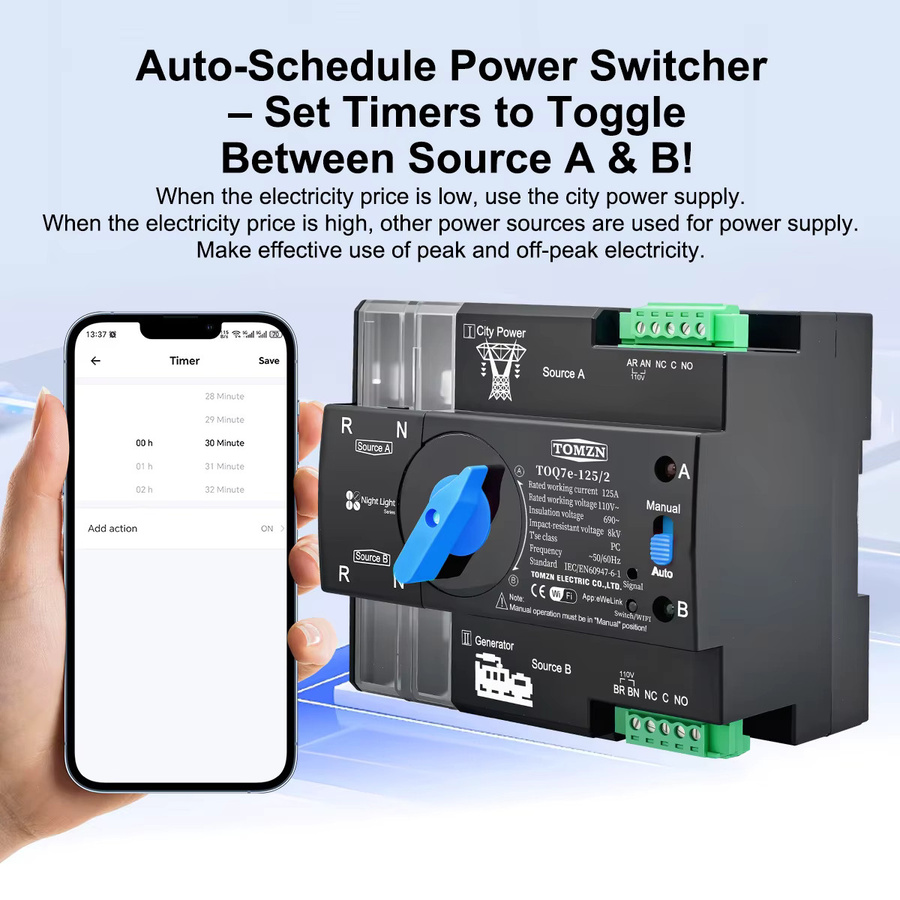TOMZN WLAN Smart ATS Dual-Power Automatischer Transferschalter EWeLink 2P Schwarz - Bild 2