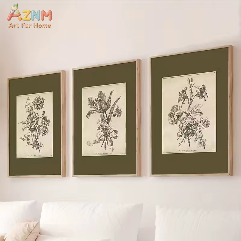 AZNM Vintage Botanische Skizzen Leinwand-Wandkunst mit floralem Blumendruck in Olivgrün - Bild 2