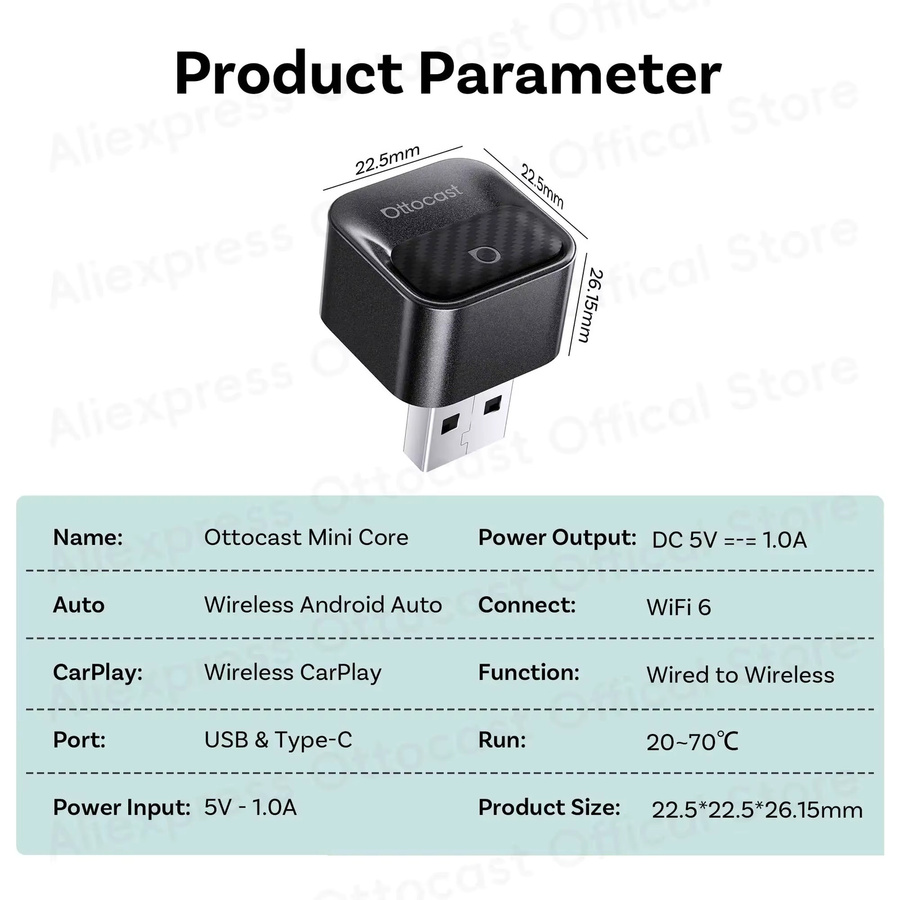 Ottocast Mini Core Wireless CarPlay und Android Auto Adapter 2 in 1 Dongle mit Smart Button in Schwarz für VW Toyota MG - Bild 6