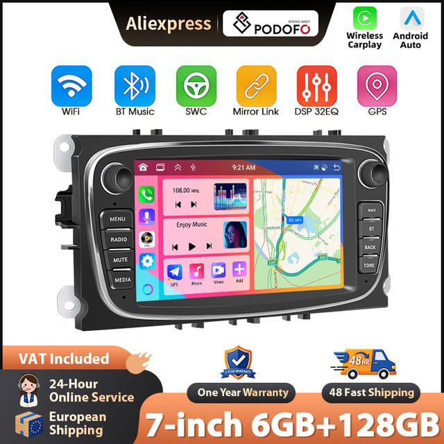Podofo 7 Zoll Autoradio mit 6+128GB Speicher für Ford Focus Mondeo C-MAX S-MAX Galaxy II, kabelloses CarPlay und Android Auto, Multimedia-Stereo mit WIFI, GPS, Bluetooth und HD Touchscreen in Schwarz - Bild 1