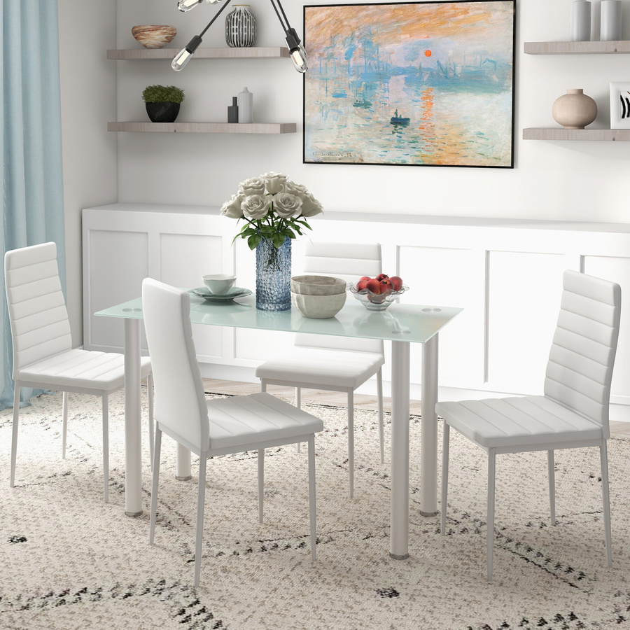 HOMCOM 5-teilige Essgruppe mit Esstisch und 4 Stühlen aus Stahl und Hartglas in Schwarz und Weiß für Küche und Esszimmer - Bild 2