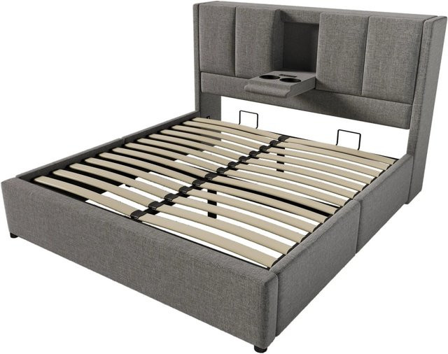Merax Polsterbett mit hydraulischem Stauraum und USB-Ladeport in Grau Leinen, B/T/H: 140 x 200 x 115 cm - Bild 1