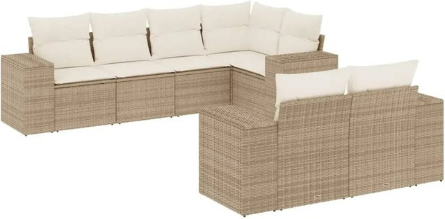 vidaXL 7-tlg. Garten-Sofagarnitur aus Poly-Rattan in L-Form mit Kissen, Beige/Weiß - Bild 1