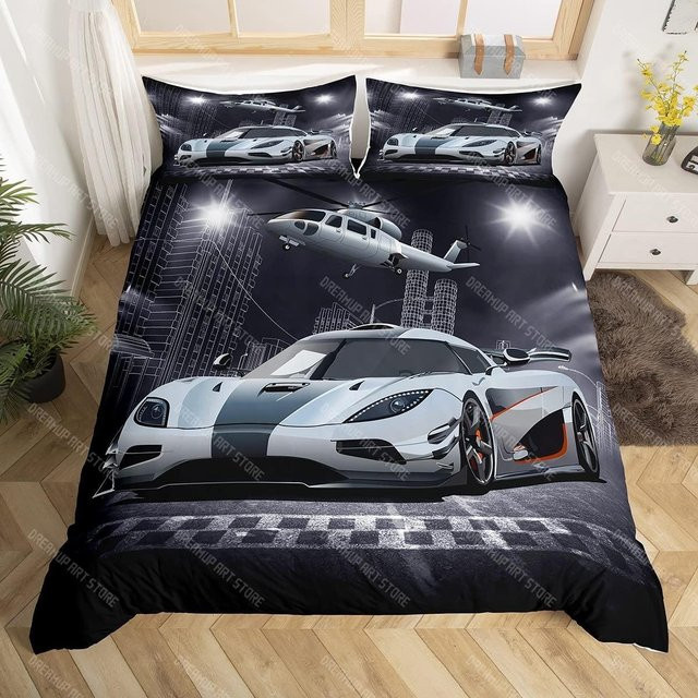 Binchi Fitness Bettwäscheset Sportwagen für Jungen und Teenager, Rennwagen Bettbezug und Kissenbezug aus Mikrofaser, Farbe: Weiß, B/H: 228 x 228 cm - Bild 1