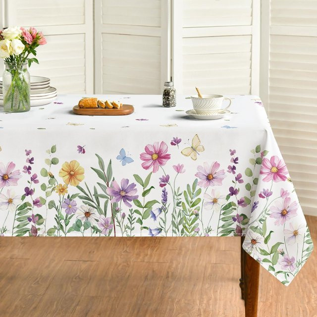 Wasserdichte Tischdecke von JMG Household Supplies mit Frühlings-Wildblumen- und Schmetterlings-Floral-Design, weiß, rechteckig, B: 140 cm, L: 200 cm - Bild 1