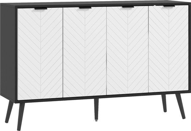HOMCOM Sideboard mit 4 Türen in Weiß und Schwarz, modernes Wohnzimmer-Sideboard mit Fischgrätmuster und höhenverstellbaren Einlegeböden, B/T/H: 120 x 35 x 77,4 cm - Bild 1