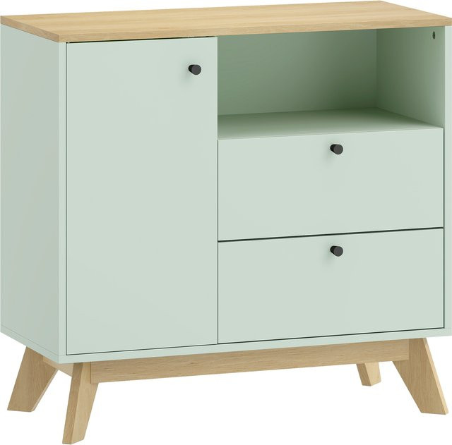 HOMCOM Sideboard in Hellgrün und Eiche, modernes Aufbewahrungsmöbel mit Tür, 2 Schubladen und verstellbarem Regal für Esszimmer, Küche oder Wohnzimmer, B/T/H: 80 x 35 x 76,3 cm - Bild 1