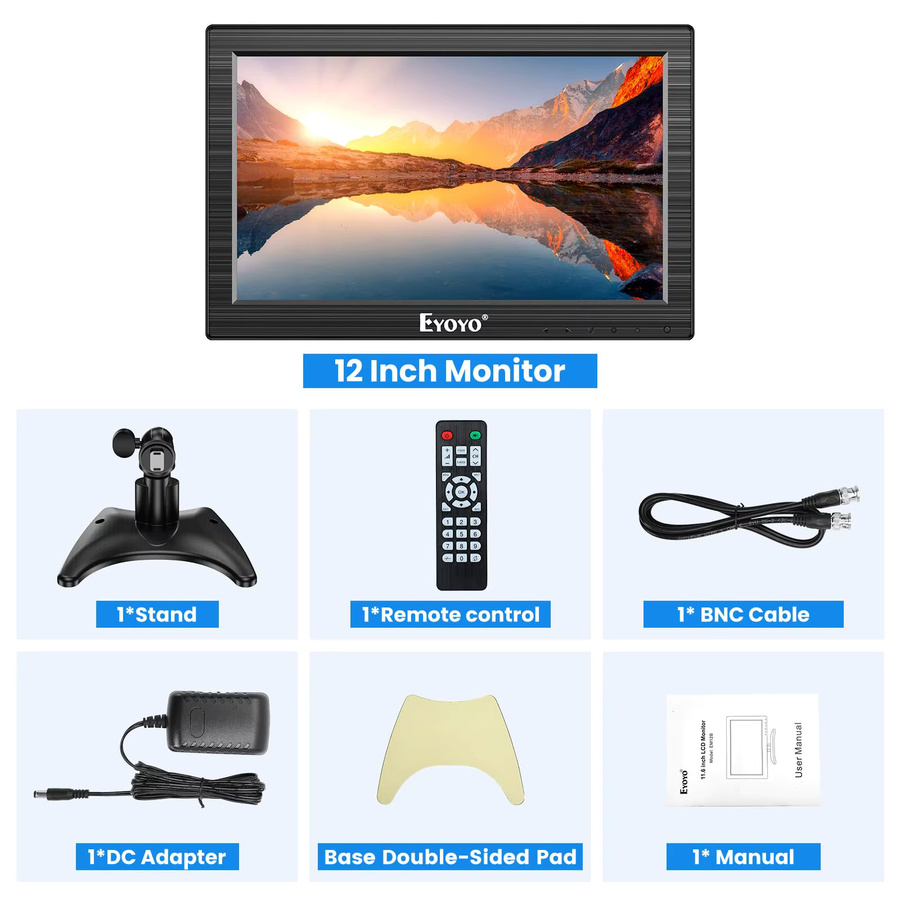 Eyoyo 12 Zoll TFT-LCD-Monitor in Schwarz mit HD-Auflösung, HDMI, USB-C, AV, BNC und VGA sowie integrierten Lautsprechern - Bild 8