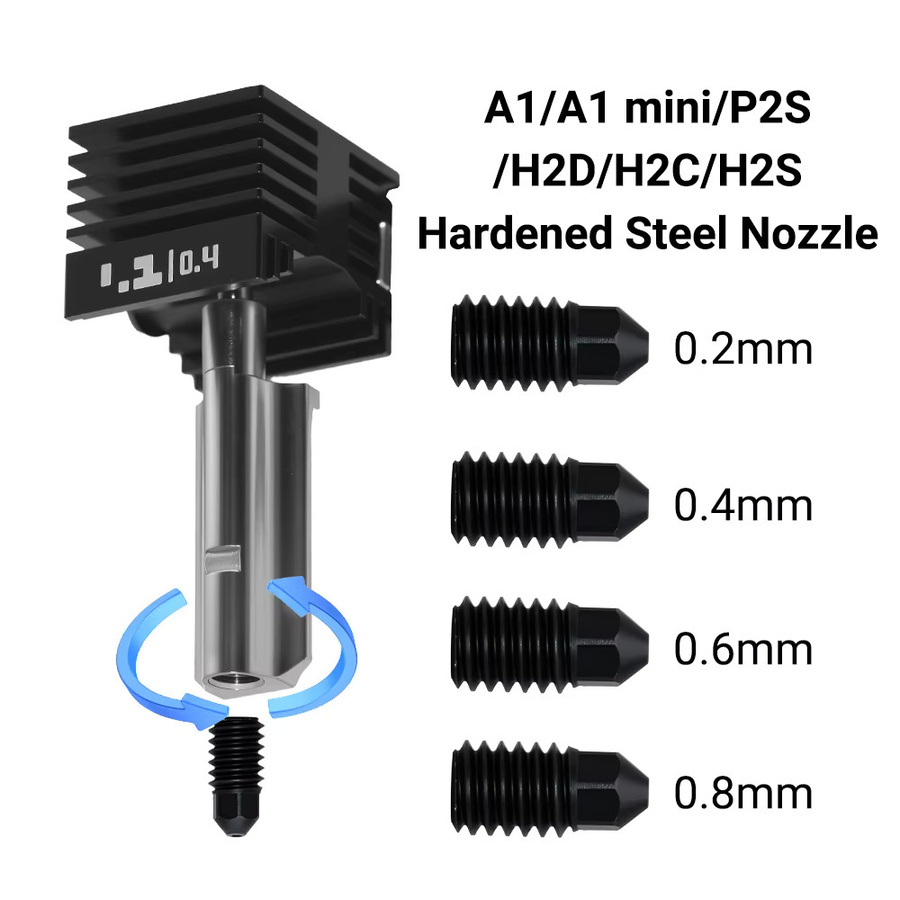 5 Stück Austauschbare Hartstahl Düsen für Bambu Lab A1, A1 Mini, H2D und P2S im Set mit 0,2 mm, 0,4 mm, 0,6 mm und 0,8 mm für dein Hotend Upgrade - Bild 3